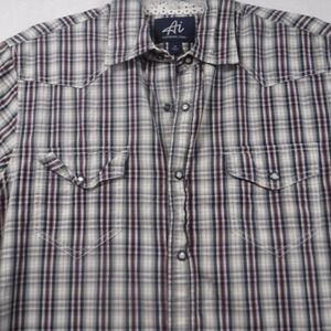 Authentic Icon Mens Medium Plaid Western Pearl Snap Short Sleeve Shirt Grey Red